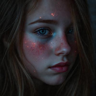 The primary subject of the image is a young woman with a face painted with a starry pattern. The setting is a dark room, and the visual style appears to be a close-up photo of the woman. The colors and mood of the image are predominantly dark, with the starry pattern on her face being the main source of light and visual interest.